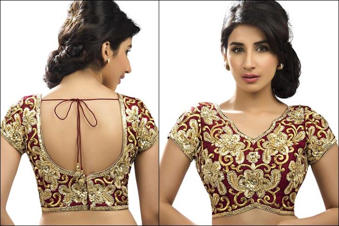 Maroon And Gold Embroidered Blouse Back Neck Design