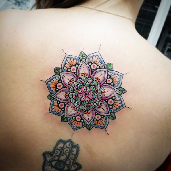 Beautiful-Colored-Mandala-Tattoo-On-Upper-Back