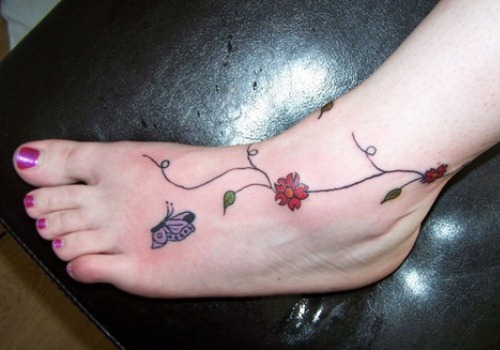 Butterfly-Flower-Vine-Tattoo-On-Girl-Foot