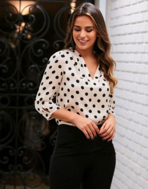 polka-dots-low-neck-blouse-with-full-sleeves