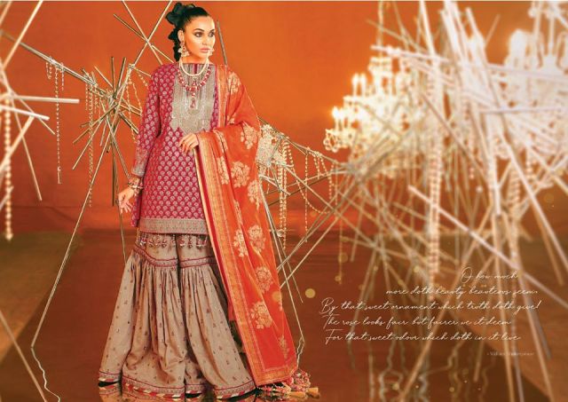 2 Piece Embroidered Suit With Brochier Dupatta