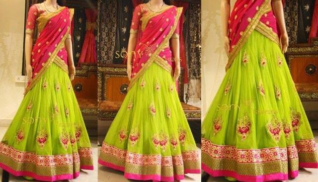 Green & Pink South Indian Lehenga Saree Design